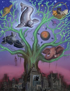"Tree of Life" by Ewelina Dolzycka.  The plot of Book II is told in this mural, with Carahil in the center as protector, the Planet Xandarr the object of his protection, and, in the wings, a weeping Maiax.