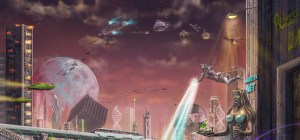 The city of Waam with an assortment of Bondar-inspired vehicles moving across the sky (Carol Phillips)